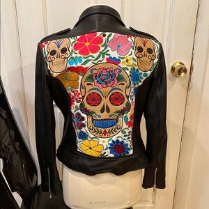 Black Leather Jacket embroidered skull